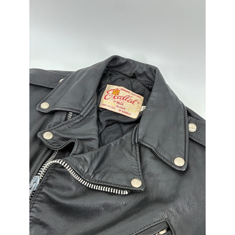 VNTG 70s Excelled Genuine Leather Motorcycle Jacket 36 Black Biker Moto Made USA